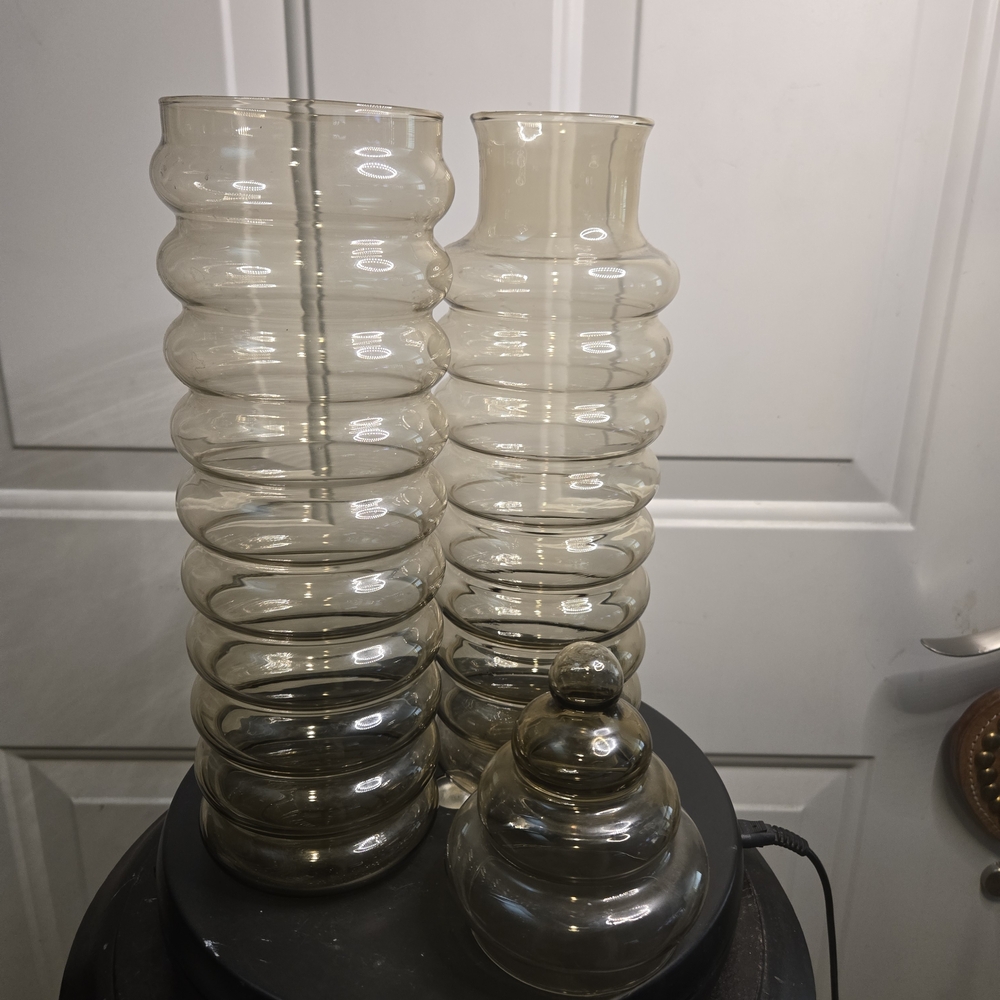 Holmegaard Primula Smoke Glass Lidded Apothecary Jar Spiral Vase Set Of 2 - Picture 9 of 15